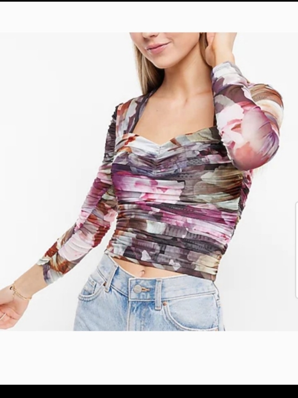 Express Body Contour Mesh Floral Ruched Cropped Top Blouse Sz M NEW!